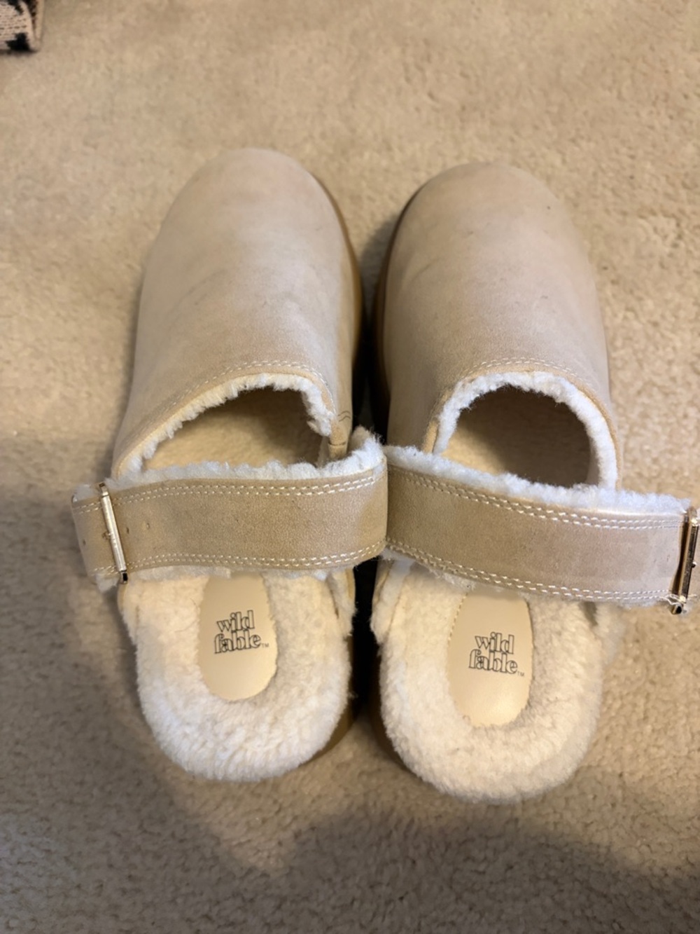 wild fable Kids Beige Faux-Shearling Slip-On Clogs with Adjustable Strap